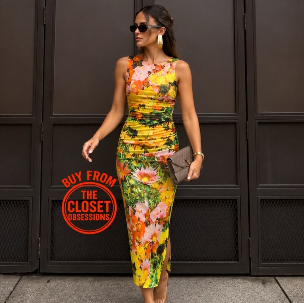 ZARA Multicolor Floral Draped Midi Dress NWT Resort Vacation Wedding Guest M